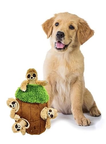 Glow Pups Hide and Seek Dog Toy, Sloth Dog Toy, Plush Squeaky Burrow Tree for Dogs, Interactive Puzzle for Mental Stimulation, Woodland Style, Medium Size, Set of 4 - size: Medium
