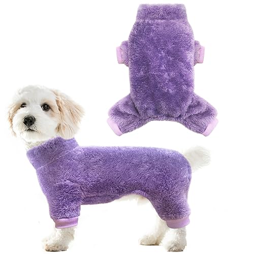 Idepet Fuzzy Velvet Dog Pajamas, Plush Dog Sweater Onesie Soft Pet Clothes Winter Outfit Doggy Pjs Puppy Jumpsuit, Cat Coat (X-Small, Purple) - color: Purple, size: X-Small