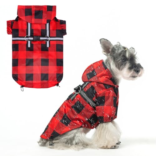 BEAUTYZOO Dog Raincoat Hooded with Harness Built-in for Small Medium Large Dogs Girls Boys, Dog Rain Jacket Slicker Poncho,Waterproof Dog Rain Coat Clothes for Winter Rainy Snowy Days, Buffalo Red, S - color: Buffalo Red, size: S(Back 13.2", Chest 18.5",