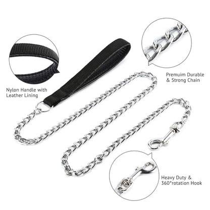 Chain Leash Metal Dog Leash Chrome Plated with Soft Padded Handle for Large Dogs.(XL, Black Handle) - color: Black, size: Extra Large