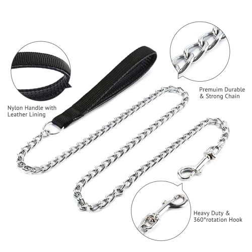 Chain Leash Metal Dog Leash Chrome Plated with Soft Padded Handle for Medium Dogs.(M, Black Handle) - color: Black, size: Medium