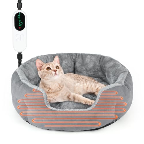 Heated Cat Bed Indoor, 18.5" Soft Heated Pet Bed for Indoor Cats with Timer and Temp Adjustable, Warming Cat Bed Heating Pad for Small to Large Cats Kitten