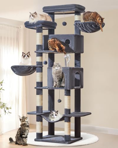 Taoqimiao Cat Tree Tower, 76-Inch Sturdy Cat Tree for Indoor Cats Large Adult Cat Tower with Scratching Posts，2 Condos, 2 Perches, 2 Large Hanging Baskets, Soft Hammock, MS046G Smoke Gray - color: Smoke Gray