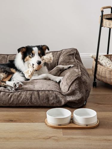 LE TAUCI PET Ceramic Dog Bowls for Medium and Small Dogs - 3.2 Cup Weighted Non-Slip Food and Water Bowls with Acacia Wood Tray, Pet Bowl Set of 2 - size: M-3.2 Cups