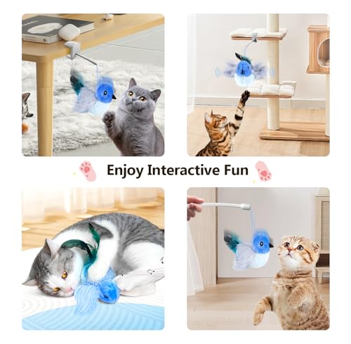 Migipaws Interactive Flapping Bird Cat Toys with Rod, clamp, Elastic String and Catnip, Automatic Chirping Toys for Indoor Cats to Chase, Hanging Feathers for Kitten to Self Play,Rechargeable(Blue) - color: Blue