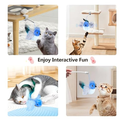 Migipaws Interactive Flapping Bird Cat Toys with Rod, clamp, Elastic String and Catnip, Automatic Chirping Toys for Indoor Cats to Chase, Hanging Feathers for Kitten to Self Play,Rechargeable(Blue) - color: Blue