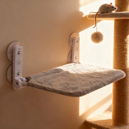 Cat Window Perch Cordless Foldable Cat Hammock Bed with 4 Strong Suction Cups, Solid Metal Frame and Soft Cover for Indoor Cats (Grey)