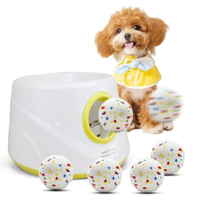 Automatic Dog Ball Launcher with 6 ETPU Balls, White, Adjustable Distance 20-45ft, USB Rechargeable, Interactive Pet Toys (Yellow) - color: Yellow-Standard