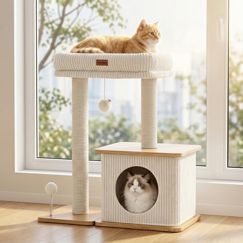 Modern Cat Tree for Indoor Cats, Nordic Loft Style, Wooden Cat Tower with Sisal Scratching Posts, Soft Padded Beds & Cozy Condos, Floor-Mounted for Kittens & Adult Cats - color: Ash White, size: Large