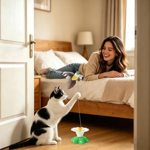 Cat Enrichment Toys | Cats Suction Cup Electric Flying Bird Wand with Feathers | Indoor Kitten Exercise Toy | for Living Room Home Balcony Apartment Boredom Relief