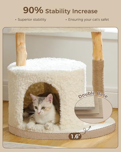MUTTROS Modern Cat Tree Tower for Large Cats, Wood Cat Tower with Natural Scratching Post, Solid Wood Condo, Real Branch Luxury Cat Furniture with Curved Bed, Top Basket, White - color: Cloud White, size: 38" Solid Wood Cat Tree