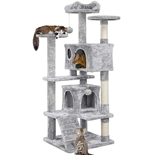 Yaheetech 54in Cat Tree, Multi-Level Cat Tower with Spacious Kitten-ear Perch, 2 Cozy Caves, Scratching Posts, Climbing Ladder, 2 Plush Balls, Durable Pet House Furniture for Indoor Kitten, Light Gray - color: Light Gray, size: 54in