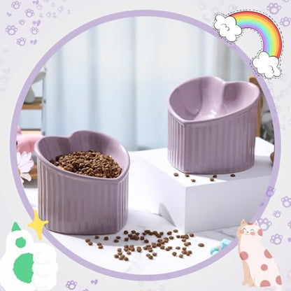 Mumufy 2 Pcs Ceramic Elevated Cat Bowls Tilted Elevated Raised Pet Bowls Anti Vomit Cat Dish for Indoor Stress Free Water Dish Feeder for Puppies, Heart Shaped (Purple) - color: Purple
