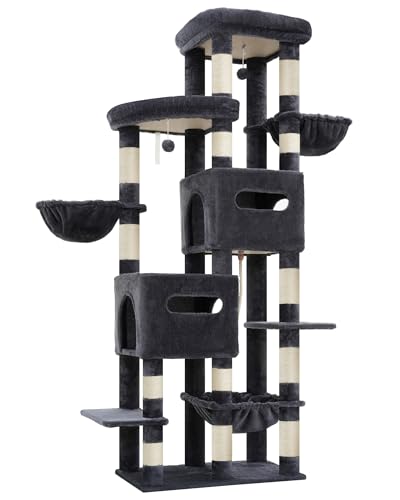 Heybly Cat Tree, 74.8-Inch Spacious & Tall Cat Tower for Large Cats, Cat Furniture with Large Top Perch, Solid Base, 2 Cat Condos, Hanging Hammock, Durable Sisal Scratching Posts, Smoky Gray HCT062G - color: Smoky Gray