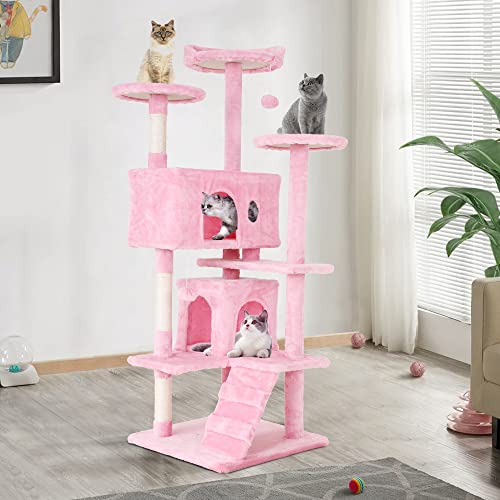 70'' Tall Multi-Level Cat Tree for Indoor Cats, Furniture With Scratching Post, Platform, Condo, Tower With Funny Toy, Corner Tree for Medium Cats - color: Pink