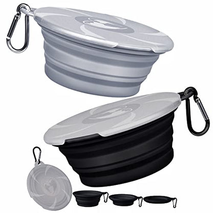 Collapsible Dog Bowls - Portable Travel Dog Bowls with Lids & Carabiners, 2 Pack Silicone Feeding Watering Pet Bowls for Dogs Cats, 450ml/15oz Collapsable Doggy Bowl for Walking Hiking (Grey+Black)