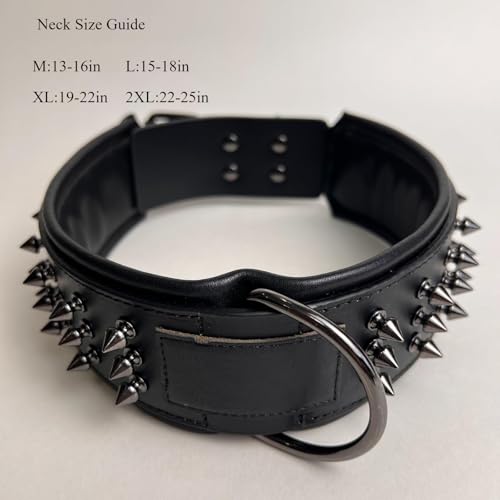 Luxury Leather Spike Dog Collar, Double-Layer Soft Cowhide, Punk Style for Medium and Large Dogs, Pit Bulls, Rowena (Black,XL-Neck 49-57cm) - color: Black, size: XL-neck 49-57cm