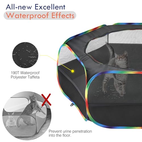 Pawaboo Small Animals Playpen, Waterproof Small Pet Cage Tent with Zippered Cover, Portable Outdoor Yard Fence with 3 Metal Rod for Chick/Kitten/Puppy/Guinea Pig/Rabbits/Hamster, Black + Rainbow - color: N-Black + Rainbow