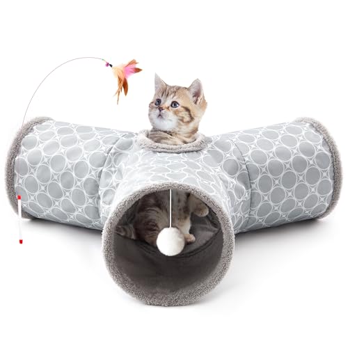 Tempcore Pet Cat Tunnel Tube Cat Toys 3 Way Collapsible, Cat Tunnels for Indoor Cats Fleece-Lined in for Warmth，Kitty Tunnel Bored Pet Toys Peek Hole Toy Ball Cat, Puppy, Kitten, Geometry Grey - color: 3-Way Geometry Grey, size: 3-way