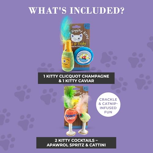 Haute Diggity Kitty Clicquot Champagne & Caviar + Kitty Cocktails Apawrol Spritz & Cattini Set, Plush Cat Toys Catnip Filled with Interactive Crackle Sound, Safe, Durable Toys for Cat & Kitten, 4 Pcs - style: Kitty Clicquot & Caviar + Apawrol Spritz & Cat