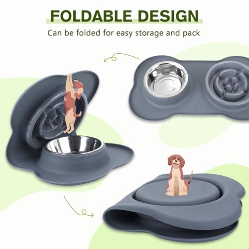 Pecute Slow Feeder Dog Bowls to Slow Down Eating, Dog Bowl Slow Feeder with No-Spill Non-Skid Silicone Mat, Food-Grade Safe Dog Food Bowls Slow Feeder, Stainless Steel Dog Water Bowl for Dogs Cats - size: Large-2 Cup/17 oz each