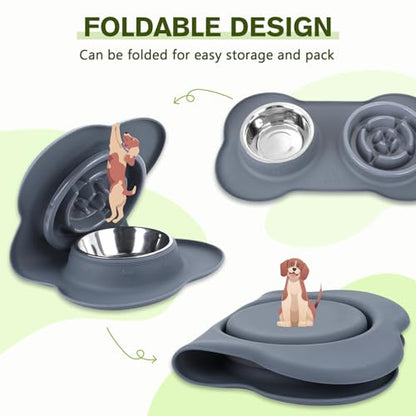 Pecute Slow Feeder Dog Bowls to Slow Down Eating, Dog Bowl Slow Feeder with No-Spill Non-Skid Silicone Mat, Food-Grade Safe Dog Food Bowls Slow Feeder, Stainless Steel Dog Water Bowl for Dogs Cats - size: Large-2 Cup/17 oz each