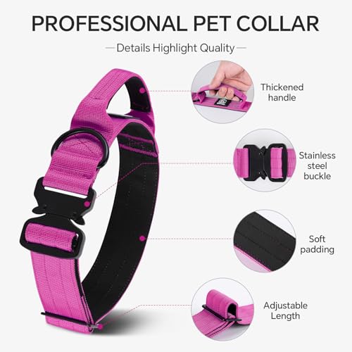 Tactical Thick Dog Collar, Adjustable Training Nylon Dog Collar, Heavy Duty Metal Buckle & Control Handle for Small Medium Large Dogs (M, Hotpink) - color: Hotpink, size: M