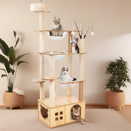 66.8'' Wooden cat Tree with cat Condo, Cat Stairs Scratching Posts, 3 Bowl,Toys,Sisal Scratching Posts and Top Perch.Cat Tree for Large Cats.