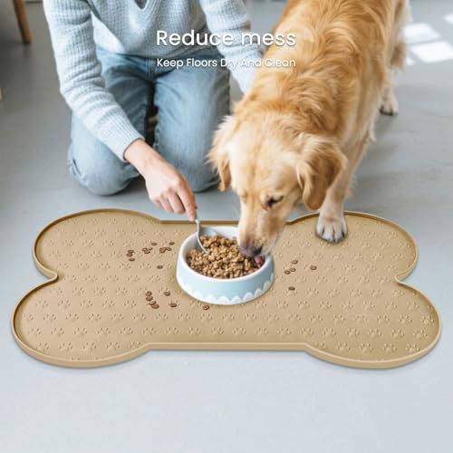 PWTAA Dog Food Mat Anti-Slip Silicone Dog Bowl Mat Thicker Pet Placemat Waterproof Cat Feeder Pad with Raised Edge Puppy Kitten Feeding Mats Suitable Small Medium-Sized Dogs Cats Eating Tray - color: Khaki, size: 19.4" x 9.8"
