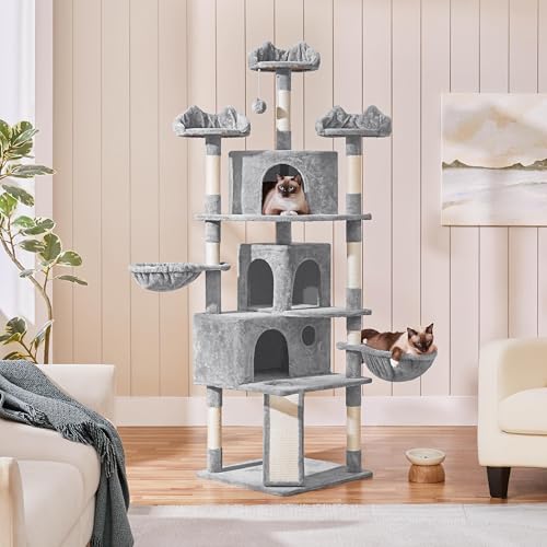 Yaheetech 76.5in Multi-Level Large Cat Tree, Big Cat Tower with 3 Condos, Cozy Plush Perches, 9 Sisal Scratching Posts and Ladder, Activity Center for Large Kitties, Light Gray - color: Light Gray