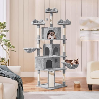 Yaheetech 76.5in Multi-Level Large Cat Tree, Big Cat Tower with 3 Condos, Cozy Plush Perches, 9 Sisal Scratching Posts and Ladder, Activity Center for Large Kitties, Light Gray - color: Light Gray