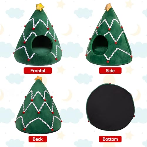 NIBESSER Cat Bed Christmas Tree Cat Tent House Self-Warming 2 in 1 Removable Comfortable Triangle Pet Teepee Xmas Dog Cave in Winter(Green/White)
