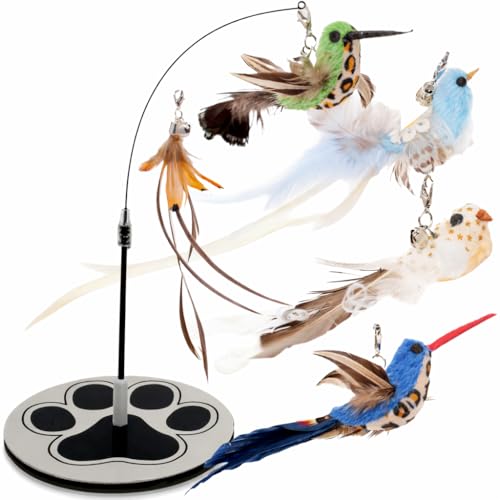 Interactive Cat Toys for Indoor Cats - 5 Replacement Feathers with Bells - Teaser Wand Toy - Self Play Bird Simulation - Bored Adult Feline Hunting Solo Chaser Activity - Kitten Juguetes para Gatos - color: Pounce & Play Bundle