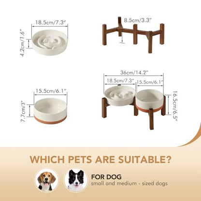 Havniva 1.2 Cup Elevated Slow Feeder Dog Bowls, 7.3” Dog Slow Feeding Bowls + 6.1” Ceramic Dog Water Bowls Set with Acacia Wood Stand, Dog Food Bowls Puzzle Feeder for Small Dogs Non-Slip Anti-choking - color: 2 x Vanilla White + Stand - A, size: M- 7.3in
