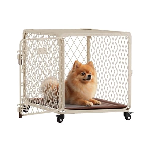 30 Inch Dog Crate with Lockable Wheel, Diamond Mesh Metal Dog Kennel Cage with Double Secure Latch & Leak-Proof Tray, Escape-Proof Dog Crates for Small Dogs Breeds, Dogs up to 70 lbs - size: 30.0"L x 19.0"W x 20.0"H