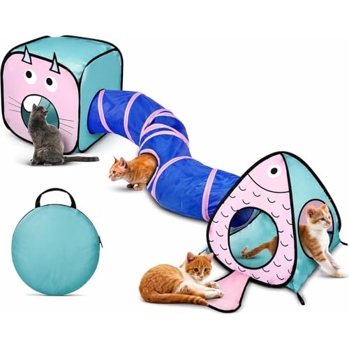 Rypet Cat Toy Tunnel and Cubes Bundle - Interactive Crinkle Collapsible Cat Tube and Foldable Cubes Playground for Kitty, Rabbit, Puppy, Ferret Hiding Hunting and Resting - color: Blue
