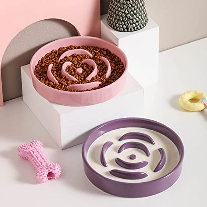 8.66 in Purple Ceramic Slow Feeder Dog Bowl for Medium and Large Breed,Fast Eater Dog Food Water Dish Heavy Wighted,Puppy Bowl for Fast Eaters,Puzzle Slow Eating Dish Modern Cute - color: Purple Slow Feeder