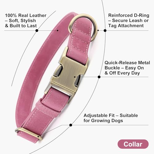 Plutus Pet Genuine Leather Dog Collar – Adjustable Pet Collar with Quick Release Metal Buckle, Soft Real Leather for Small Medium Large Dogs, Heavy Duty & Skin-Friendly (Pink, XS) - color: Pink, size: XS