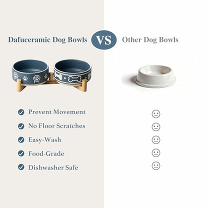 Dafuceramic Dog Bowls Set with Stand, 1.5 Cups Ceramic Puppy Bowls for Dogs, Dual Dog Food and Water Bowls with Bone Pattern,Weighted Non-Slip Base (S-1.5 Cups)