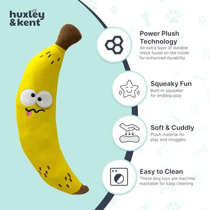 Huxley & Kent Funny Dog Toy w/Squeaker – Power Plush Squeaky Dog Toys for Small, Medium & Large Dogs – Soft Stuffed Animal for Indoor Play & Fetch - Fetchies® Bruiser Banana, Large - size: Large, style: Brusier Banana