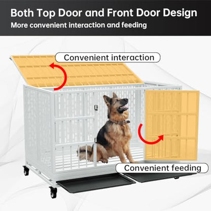 Snuowu 48 Inch Heavy Duty Dog Crate with Wheels, Folding Metal Big Dog Cage for Large and Medium Dogs, Extra Large XL XXL Indestructible Dog Crate with Removable Tray. - size: 48-Inch White （Fold）