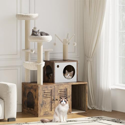 Cat Litter Box Enclosure with Tree Tower and Condo, Hidden Pet Washroom Furniture with Sisal Scratching Post,Hammocks and Soft Plush Perch, Wooden Cat Furniture with Multiple Platforms,Rustic Brown - color: Rustic Brown