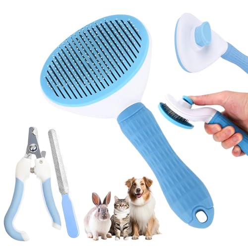Aglads 3PCS Cat Rabbit Bunny Dog Grooming Kit, Self-Cleaning Slicker Cat & Dog Brush for Shedding, Fine-Needle Comb, Pet Nail Clipper & File for Long/Short-Haired Pets, Easy to Remove Loose (3, blue)