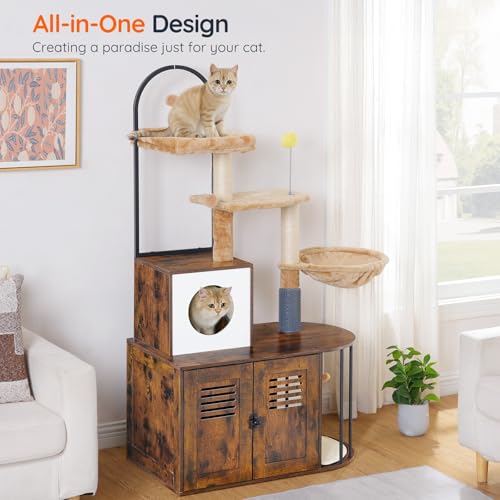 HOOBRO Cat Tree with Litter Box Enclosure, All-in-One 31.5" Cat Tower with Hidden Litter Box Cover Furniture for Indoor Cats, Versatile Cat Condo with Sisal Posts, Hammock, Rustic Brown FG45MZ03 - color: Rustic Brown