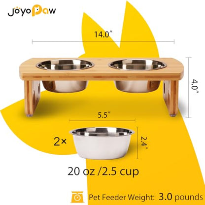 Elevated Dog Bowls, Bamboo Raised Dog Bowl for Small Dogs & Cats, with 2 Stainless Steel Bowls (4'' Tall-20oz Bowl) - color: Natural, size: Small: 4'' Tall-20oz Bowl