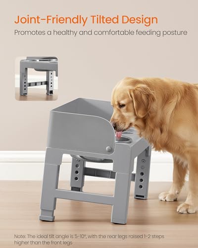 Feandrea Dog Bowls Elevated, Raised Stand with 1 Slow Feeder and Two 304 Stainless Steel Bowls, Adjustable Height and Tilted Design, Dove Gray UPRB103GD01 - color: Dove Gray