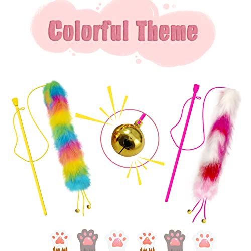 2 Pack Cat Wand Toy, Rainbow Cat Feather Toys with Bells, Teaser Wand with Soft Furry Tail, Interactive Toys for Indoor Cats & Kitten & Kitty - style: D-Yellow&Rose Red-2pcs