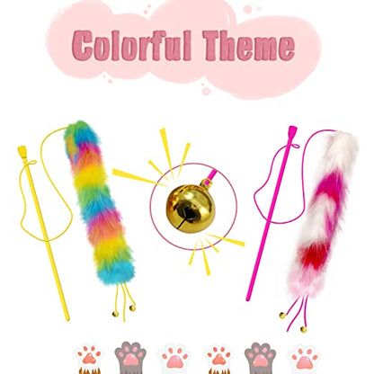 2 Pack Cat Wand Toy, Rainbow Cat Feather Toys with Bells, Teaser Wand with Soft Furry Tail, Interactive Toys for Indoor Cats & Kitten & Kitty - style: D-Yellow&Rose Red-2pcs