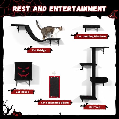 5 Pcs Wall-Mounted Climber Set, Wood Indoor with Shelves and Perches, Ladder, Condo House, Scratching Board and Tree, Wall Shelves Furniture for Cats (Black&Red) - color: Black&Red