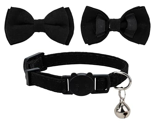 Cat Collar with Bow Tie Bell Breakaway Kitten Small Pet Safety Solid Wedding Basic Pure Color Suede Soft Adjustable [1pc] Black - color: [1pc] Black